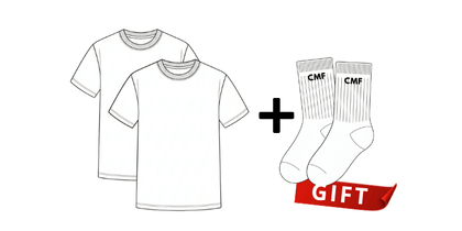 Two T-shirts illustration with CMF socks as a free gift